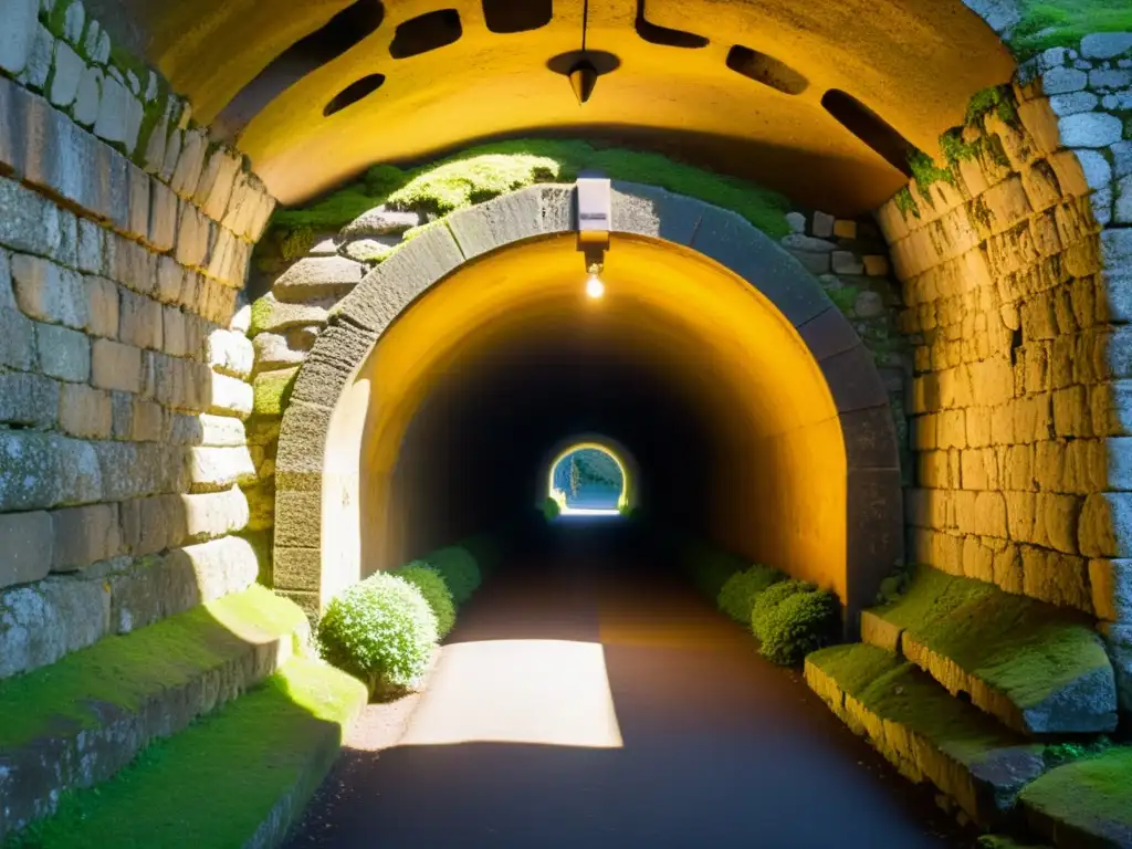 Grupo de turistas explorando un antiguo túnel iluminado por cálida luz dorada, con paredes de piedra cubiertas de musgo y líquenes