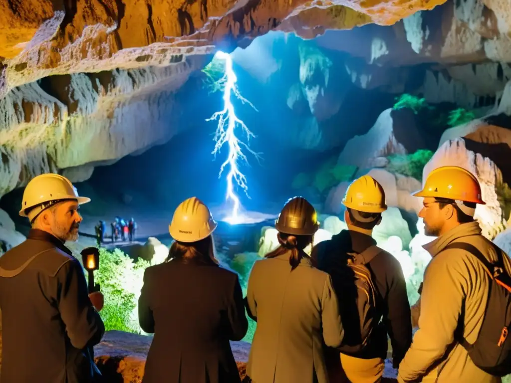 Un grupo de turistas con cascos y linternas sigue a un guía en una cueva histórica