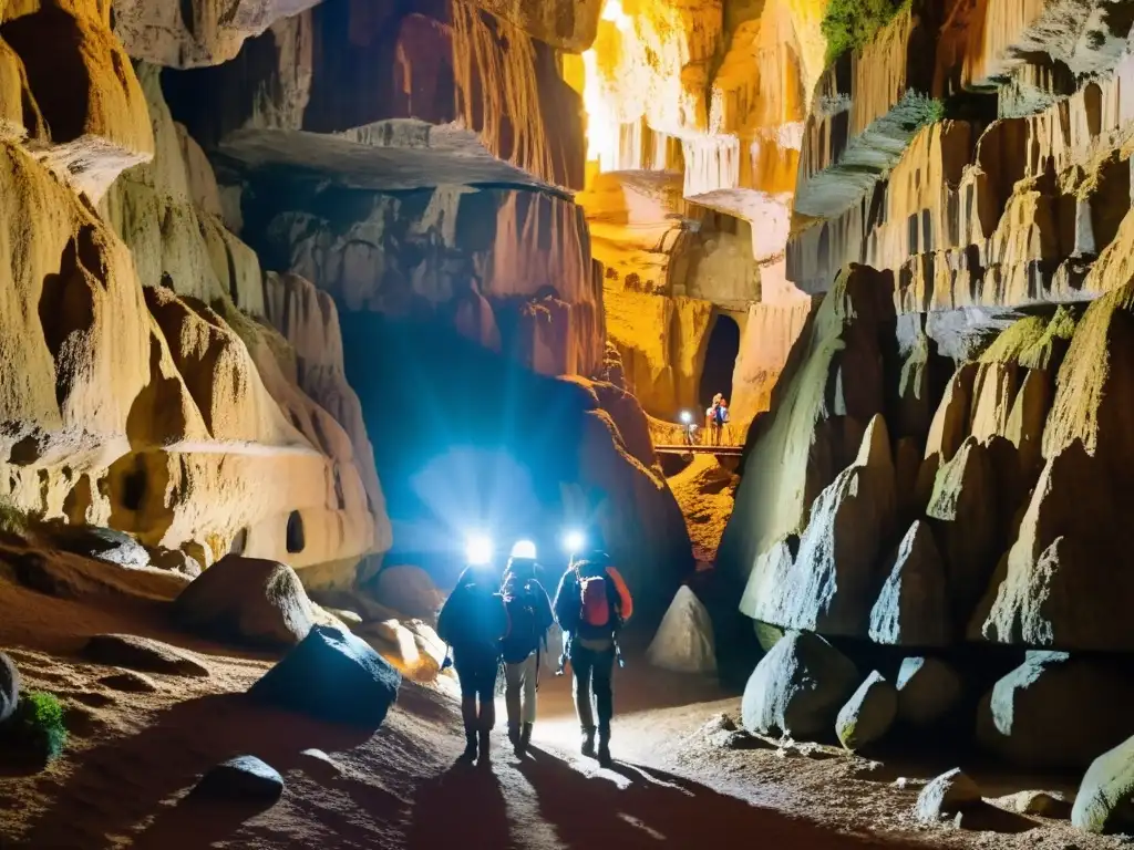 Grupo de turistas explorando una caverna con servicios de guía en cavernas históricas, iluminados por linternas mientras descubren formaciones rocosas