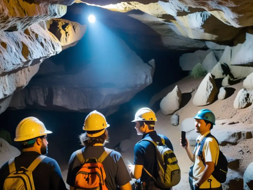 Un grupo de turistas explorando una cueva subterránea iluminada, escuchando relatos de folklore local