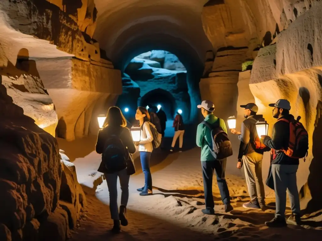 Un grupo de turistas entusiastas explora túneles subterráneos con un guía, iluminados por linternas, mientras escuchan historias del folklore local