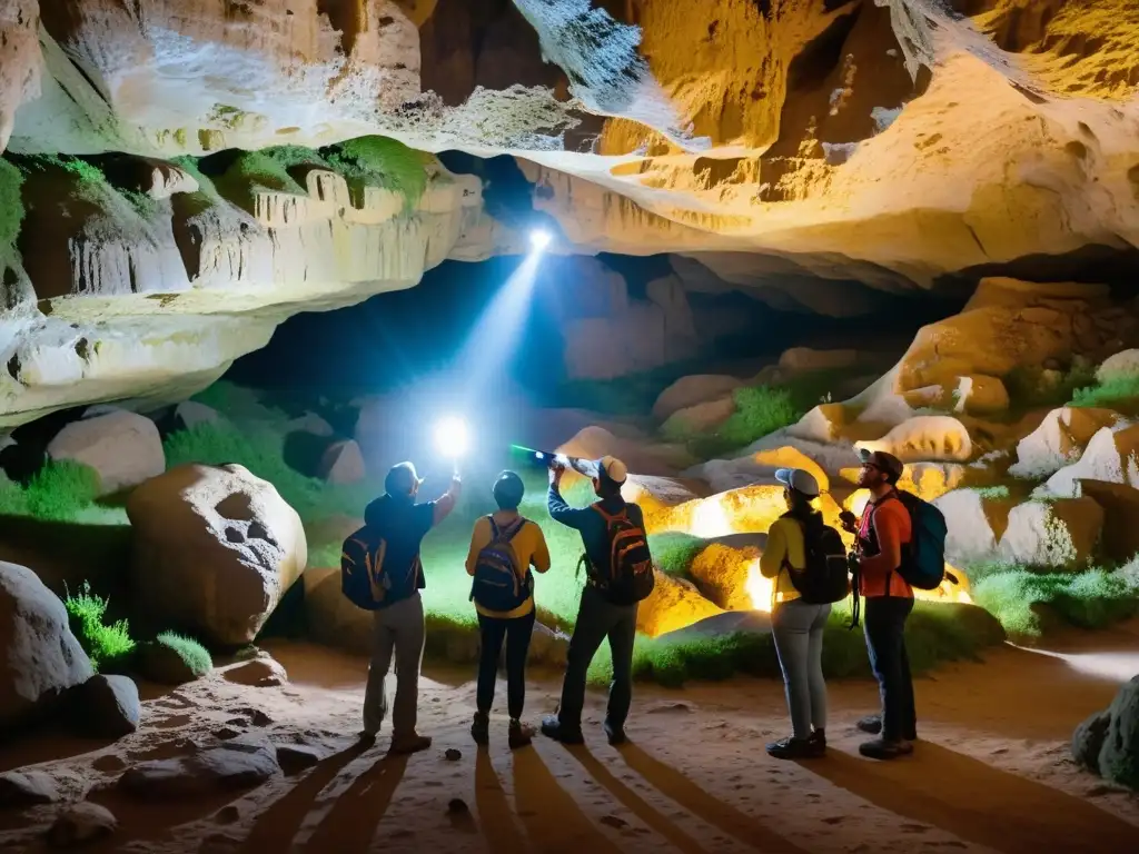 Un grupo de turistas es guiado por un experto en cavernas históricas, explorando sus pasadizos con linterna