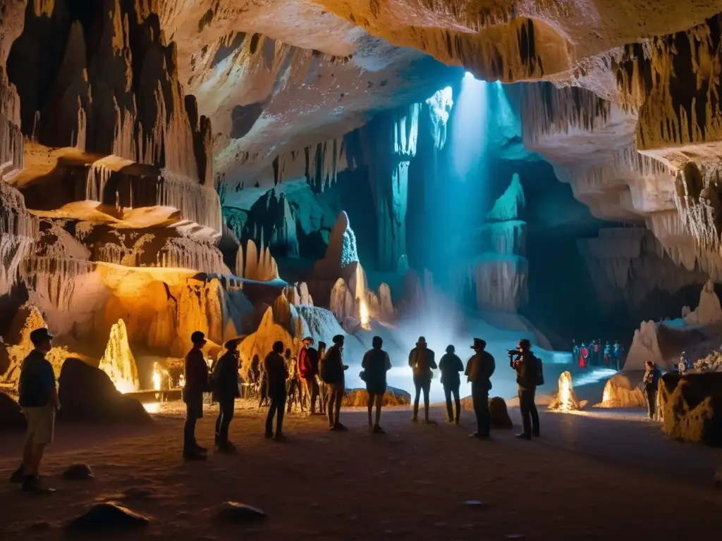 Un grupo de turistas escucha atentamente a un guía en una caverna subterránea iluminada tenue, creando un ambiente misterioso y aventurero