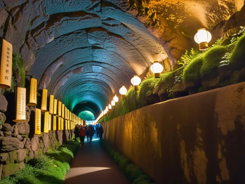 Un grupo de turistas sigue a un guía a través de un túnel húmedo y oscuro iluminado por linternas