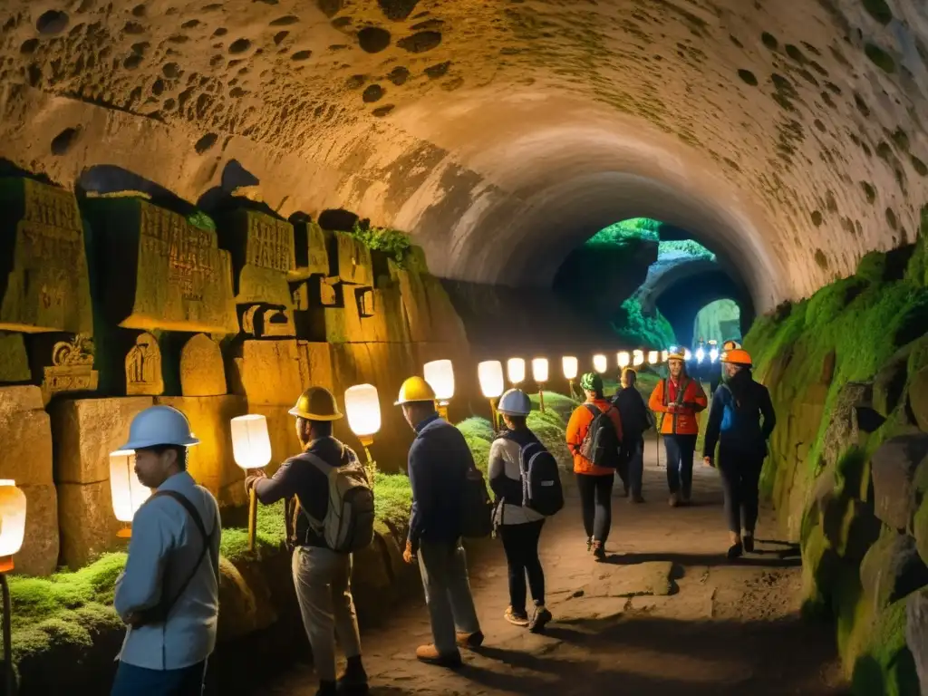 Un grupo de turistas sigue a un guía por un túnel histórico, iluminados por linternas