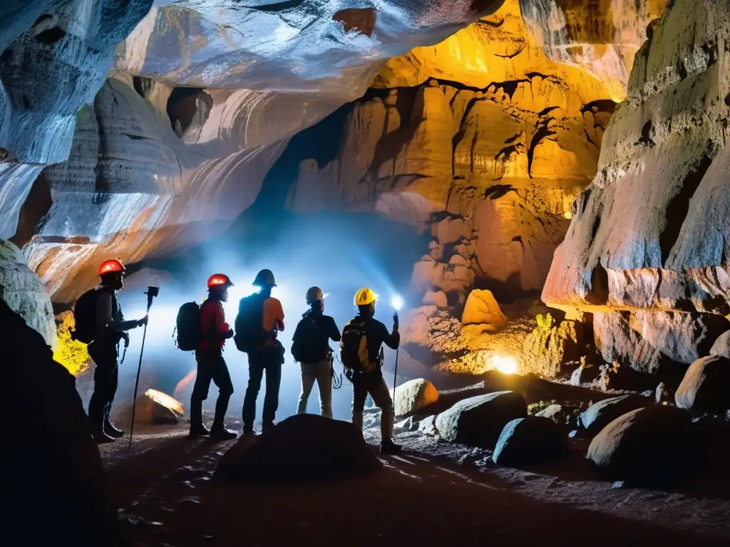 Grupo de turistas con guías de turismo en cuevas históricas explorando fascinantes formaciones rocosas y antiguas pinturas rupestres, iluminados por linternas en una atmósfera de misterio y aventura