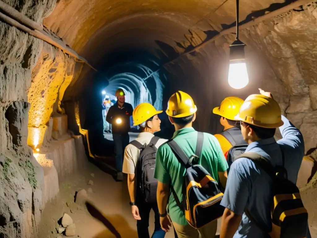 Un grupo de turistas con linternas y cascos, explorando un túnel subterráneo