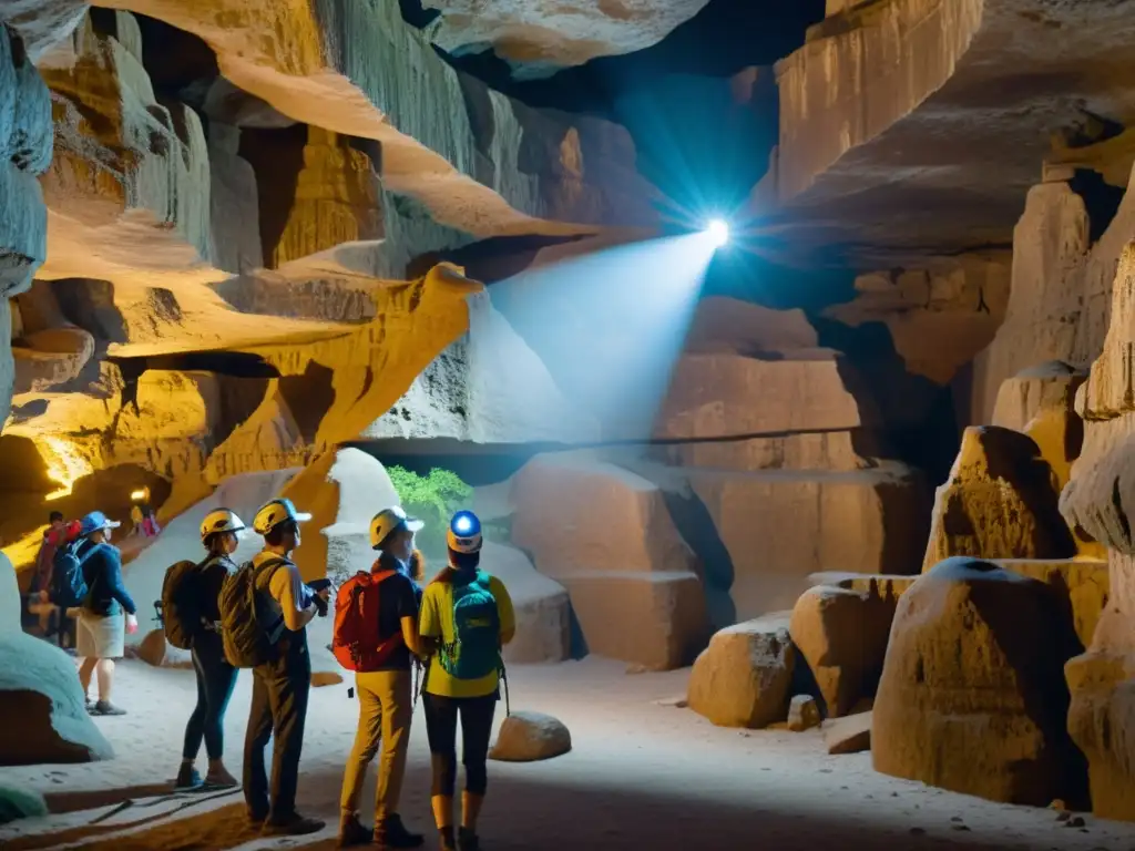 Un grupo de turistas explorando una ruta subterránea con tecnología integrada