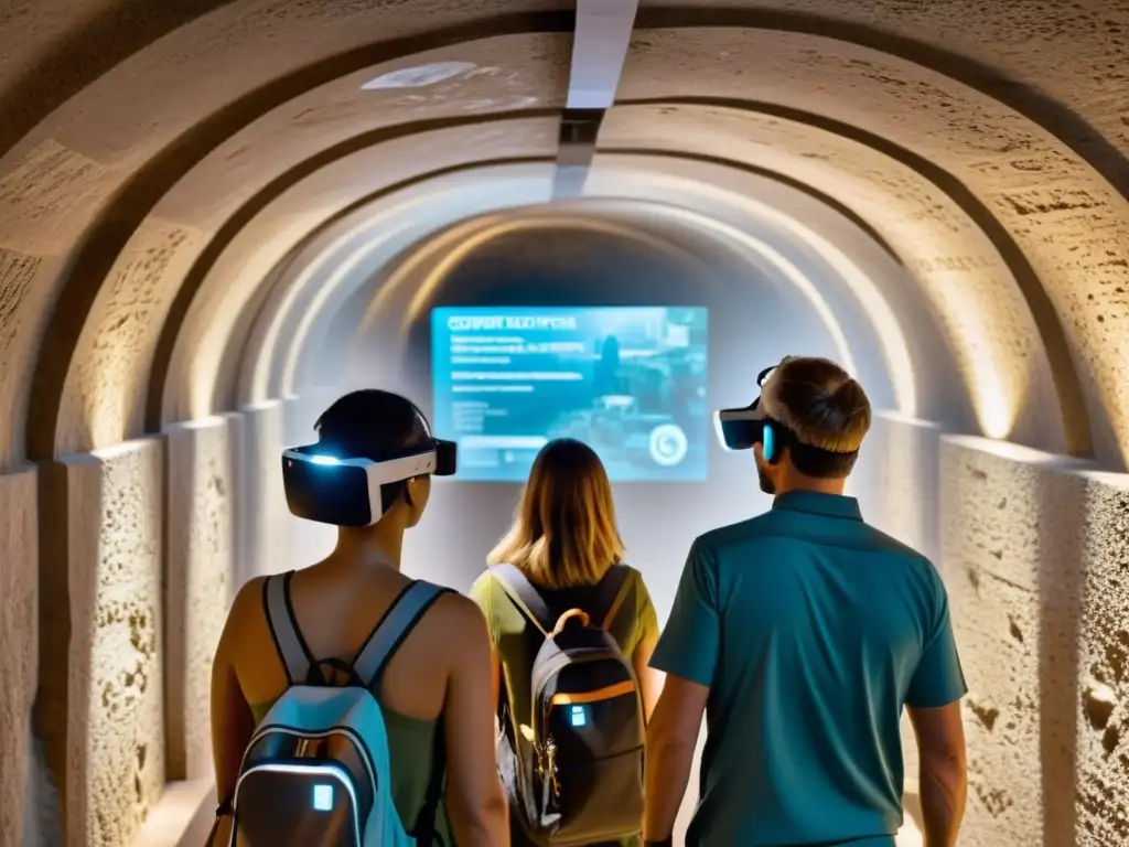 Grupo de turistas explorando túnel subterráneo con tecnología de realidad aumentada