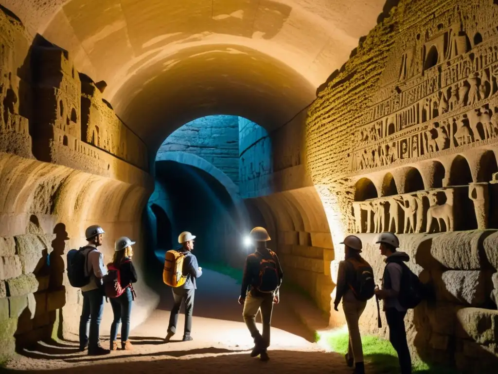 Grupo de turistas explorando túnel subterráneo con iluminación tenue, creando sombras dramáticas en antiguas paredes de piedra