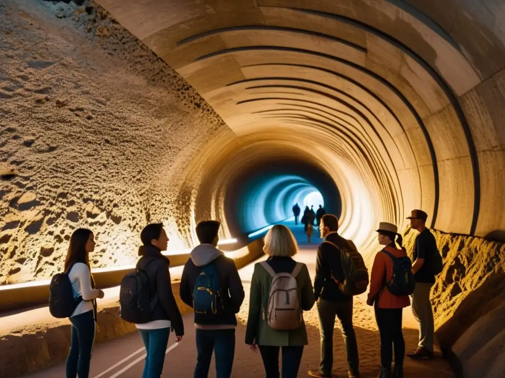 Un grupo de turistas explora un túnel subterráneo, con detalles arquitectónicos, iluminación tenue y una atmósfera de aventura y descubrimiento