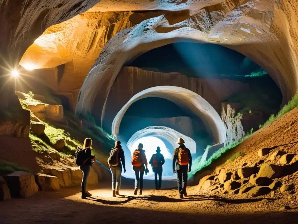 Grupo de turistas explorando un túnel subterráneo, iluminados por sus linternas, maravillados por las formaciones rocosas