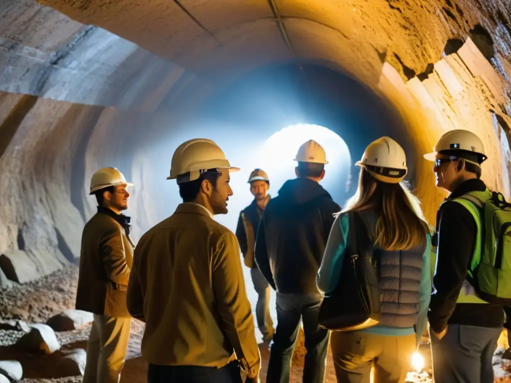 Un grupo de turistas explorando un túnel subterráneo, iluminado por rayos de luz natural