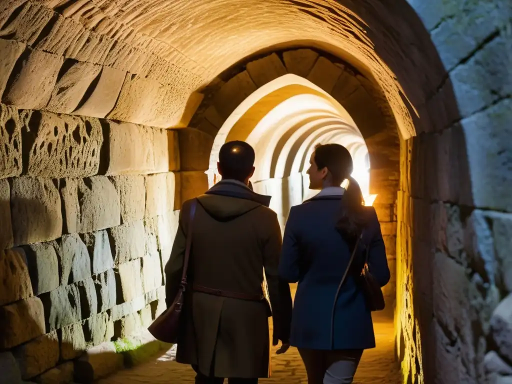 Grupo de turistas explora túneles secretos de la época medieval, guiados por un experto en un ambiente lleno de misterio y asombro