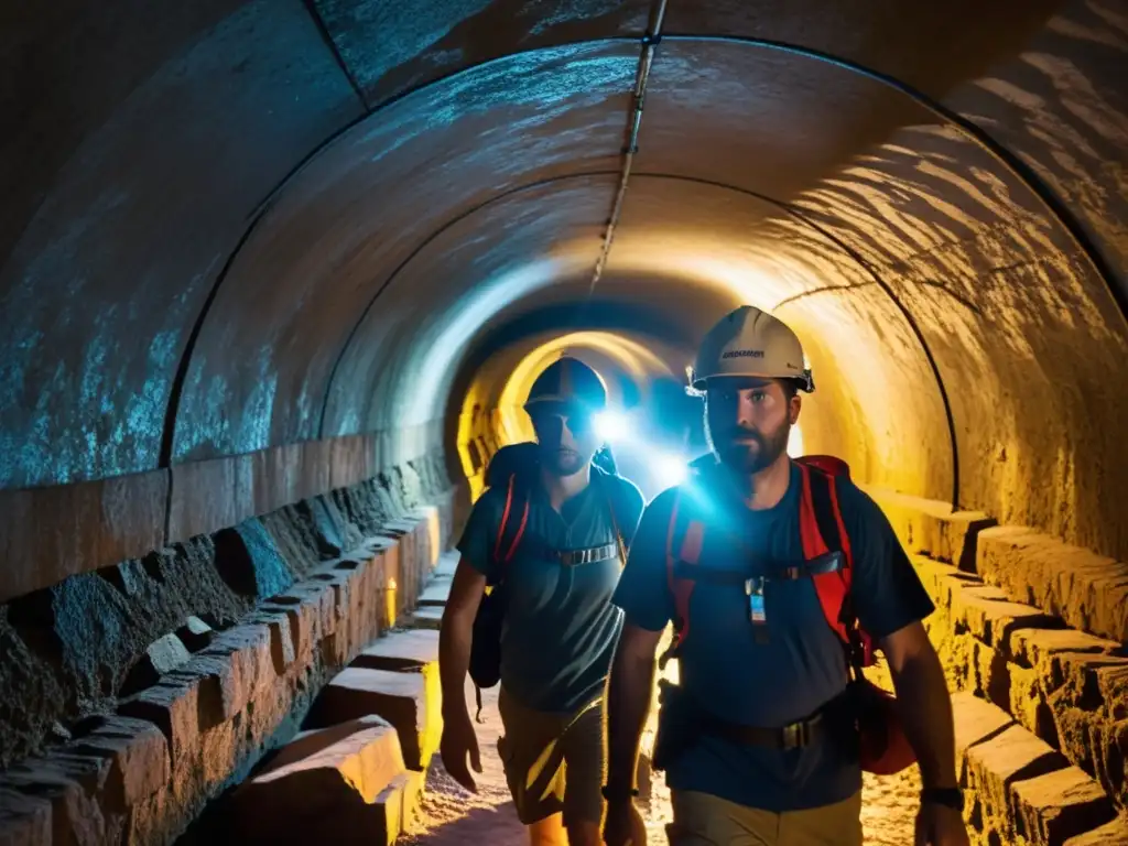 Grupo de turistas explorando túneles subterráneos con linternas, mostrando la aventura de la exploración subterránea