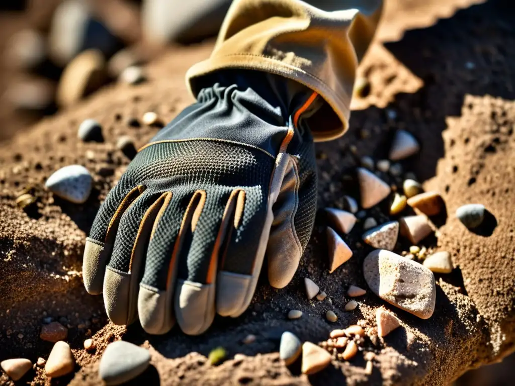 Un guante de trabajo resistente agarra una superficie rugosa con suciedad y rocas incrustadas