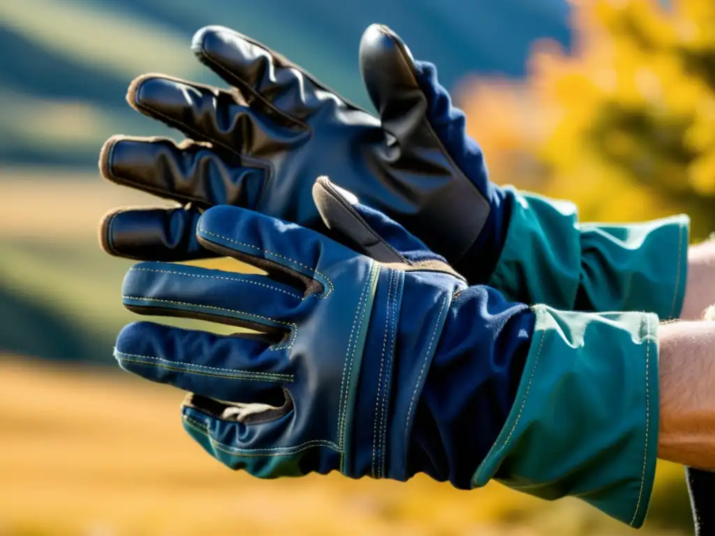 Guantes de protección para exploración: Detalle de guantes resistentes con terreno montañoso al fondo, evocando aventura y durabilidad