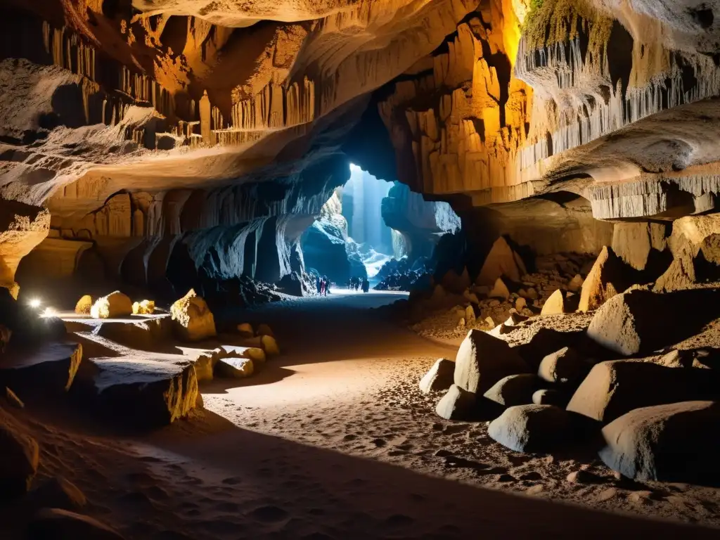 Un guía lleva a un grupo de exploradores por una cueva histórica, iluminando formaciones rocosas