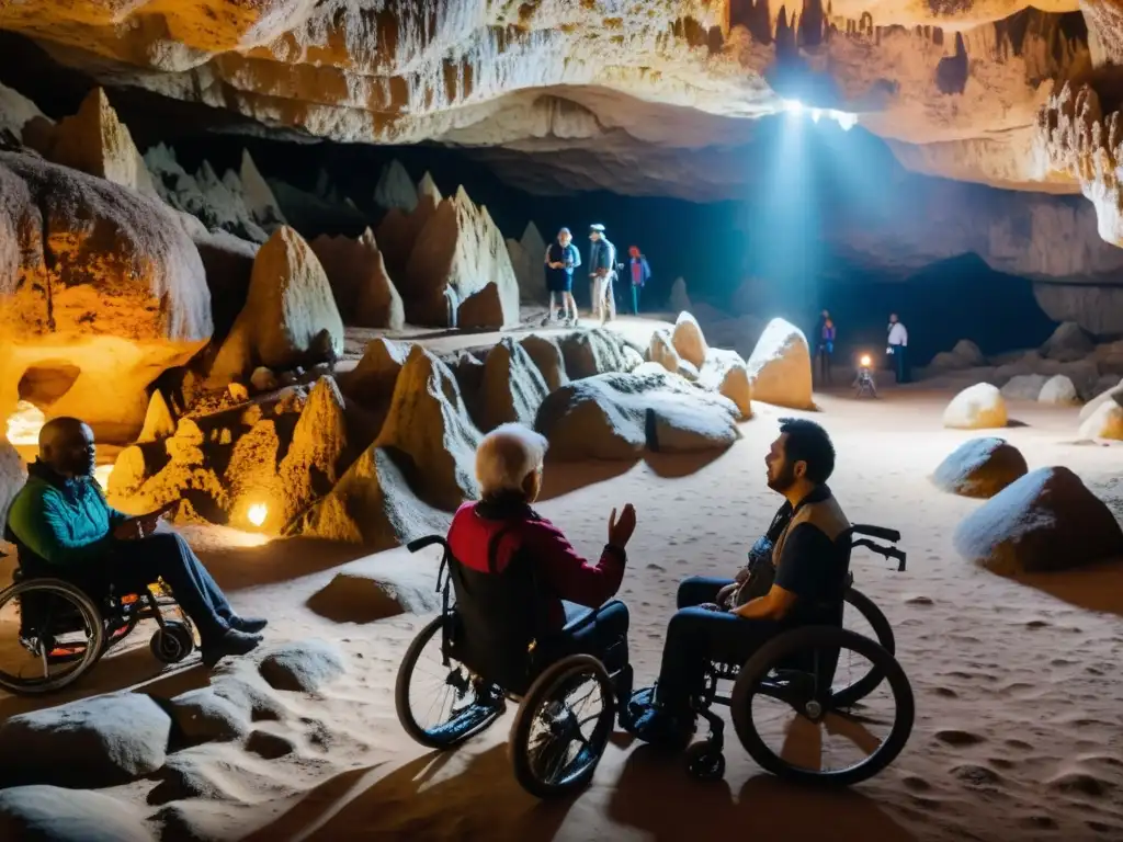 Guía liderando un grupo inclusivo en caverna histórica, comunicándose en lenguaje de señas y asistiendo a visitantes especiales