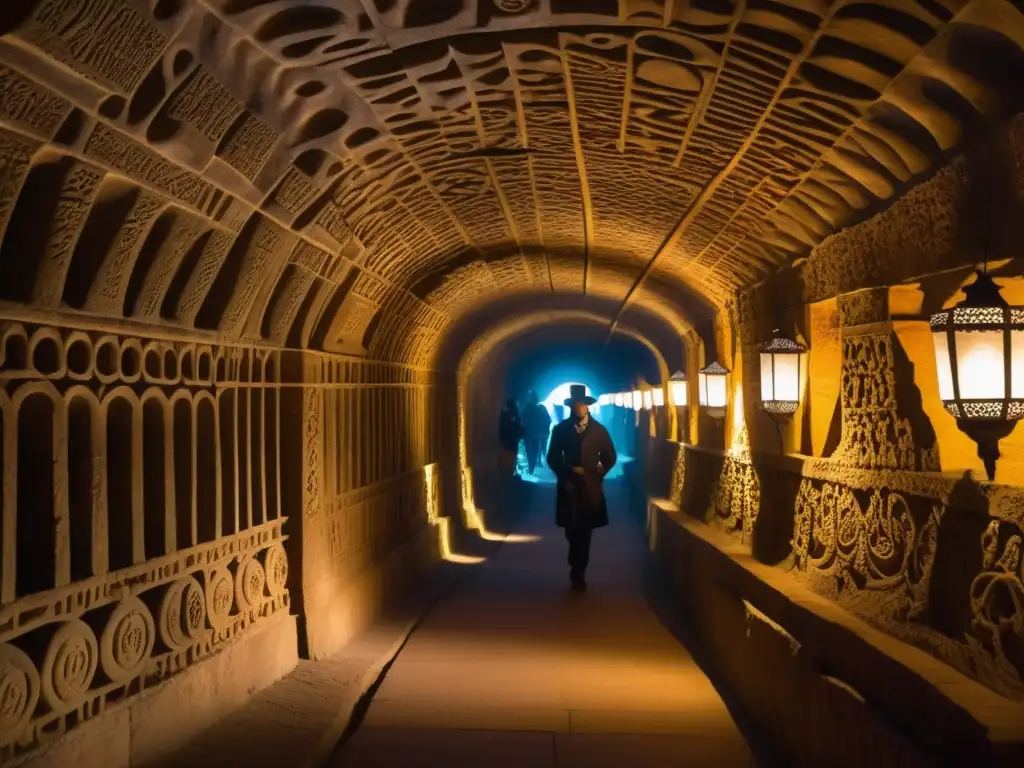 Un guía en vestimenta histórica dirige un grupo en un túnel subterráneo iluminado por linternas, explorando los secretos del folklore local