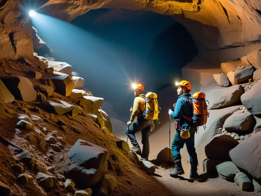 Guías especializados en exploración subterránea explorando una cueva con iluminación dramática y sombras misteriosas en las paredes rocosas