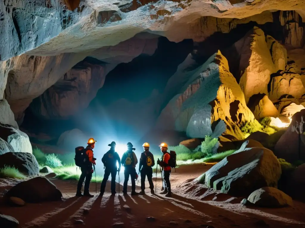 Guías especializados en exploración subterránea listos para adentrarse en una misteriosa cueva iluminada por sus lámparas frontales, creando sombras misteriosas en las formaciones rocosas