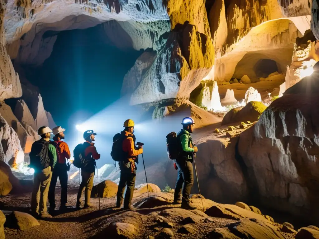 Guías especializados en exploración subterránea llevan a turistas por una cueva impresionante, iluminando formaciones geológicas con linternas