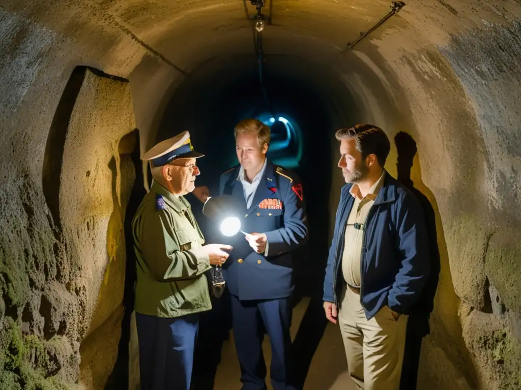 Guías especializados conducen turistas por túneles de guerra, iluminados por linternas