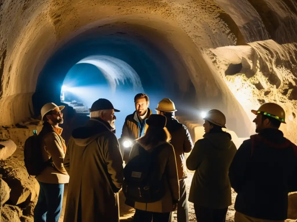 Guías expertos conducen fascinante tour en túneles subterráneos iluminados con linternas, revelando antiguas reliquias y misterios ocultos