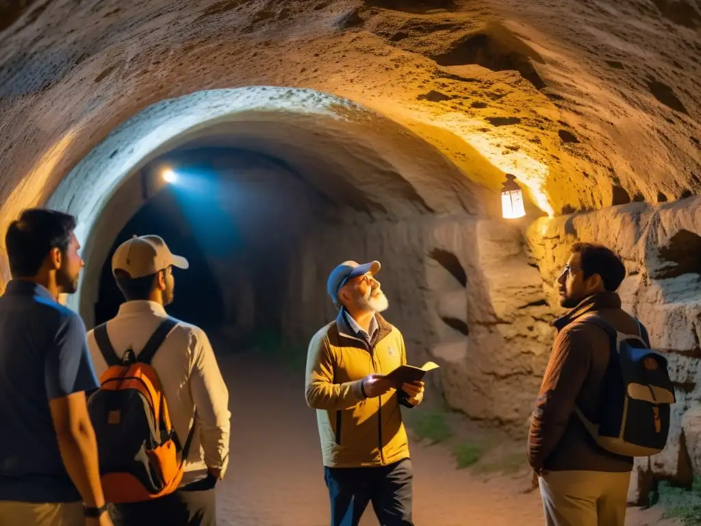 Guías expertos conducen tour en túneles históricos subterráneos, iluminados por linternas, revelando secretos en paredes de piedra