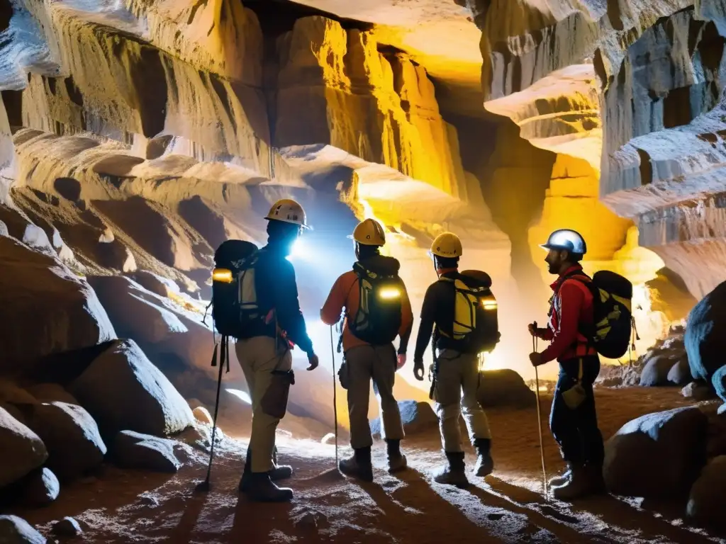 Guías profesionales lideran expediciones subterráneas, iluminando la cueva con linternas mientras exploradores observan con asombro y curiosidad