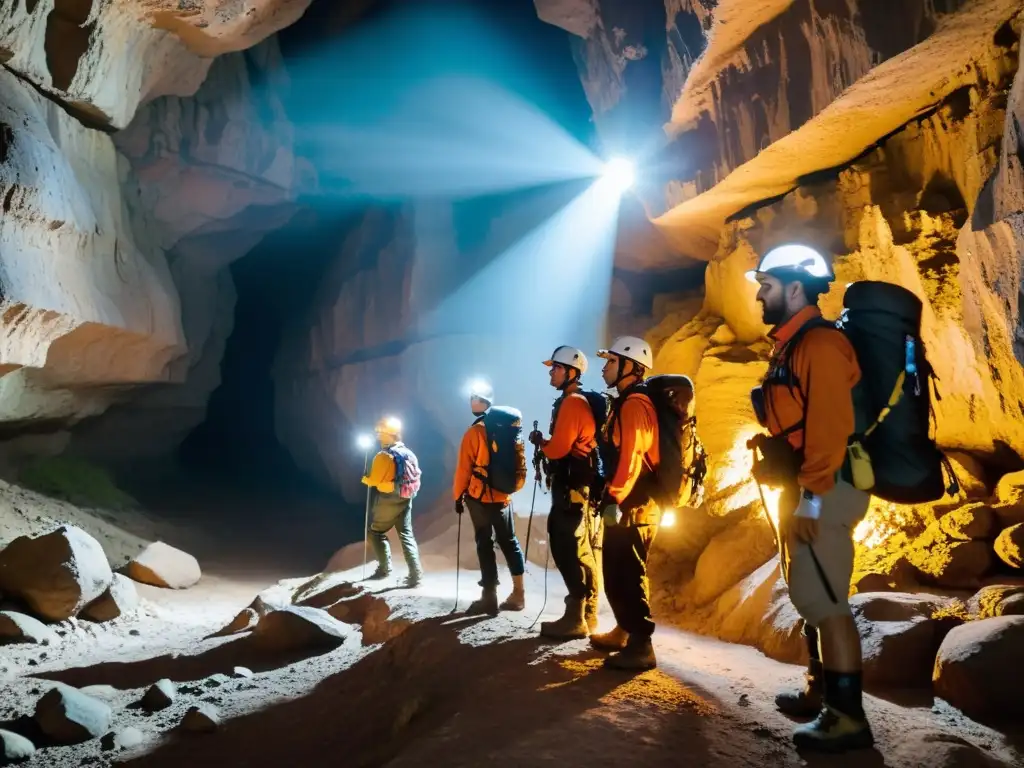 Guías profesionales expediciones subterráneas: exploradores en cueva iluminada por linternas, maravillados por la inmensidad y desafíos