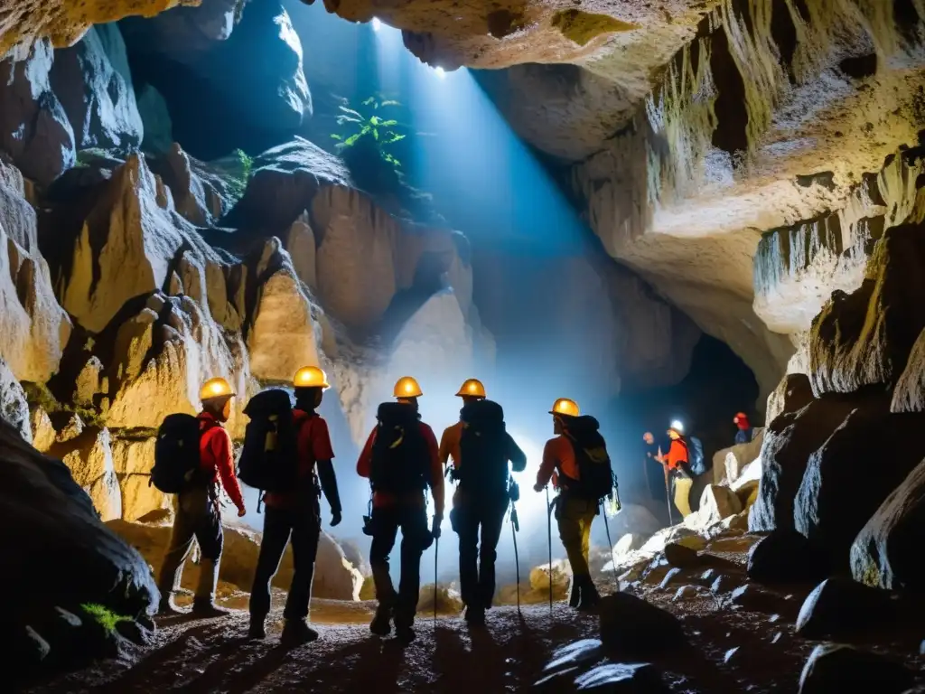 Guías profesionales expediciones subterráneas: exploradores y guías con linternas y equipo de escalada exploran una cueva estrecha llena de formaciones rocosas y atmósfera misteriosa