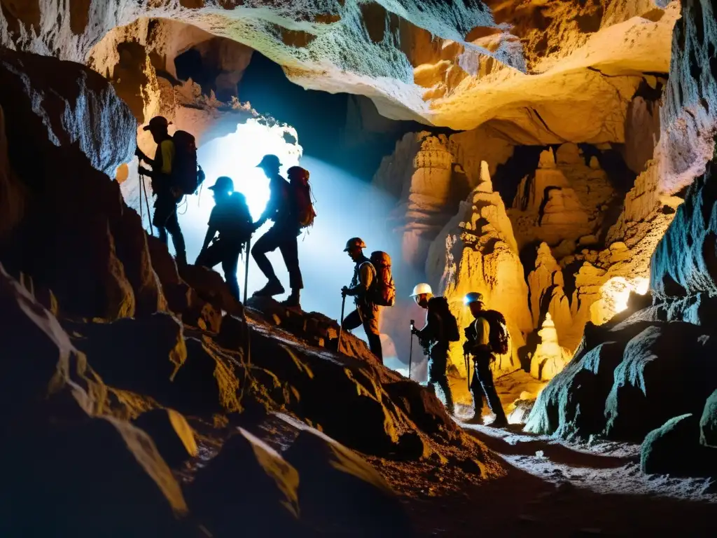 Guías profesionales expediciones subterráneas exploran una cueva con formaciones rocosas impresionantes