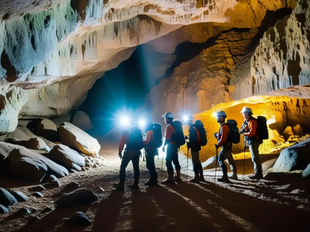 Guías profesionales expediciones subterráneas explorando una cueva misteriosa con impresionantes formaciones rocosas y una atmósfera cautivadora