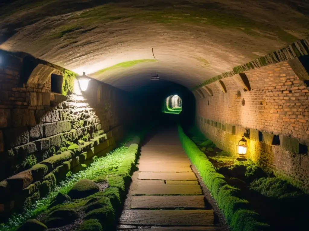 Explora los hallazgos históricos subterráneos en un túnel iluminado por linternas, con paredes cubiertas de musgo