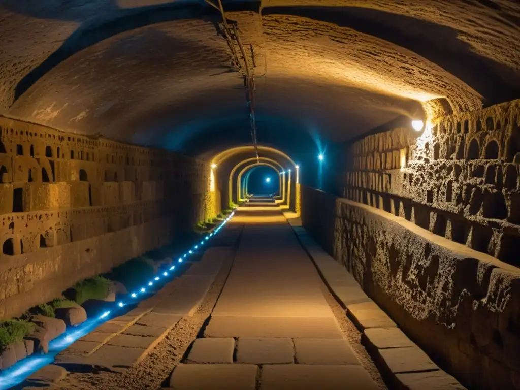 Explora la historia arqueológica subterránea en un laberinto antiguo iluminado por antorchas, con misteriosos grabados en las paredes de piedra