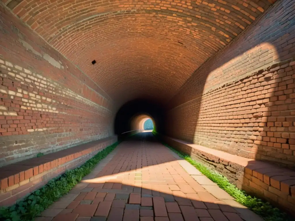 Descubre la historia en esta fotografía de túneles históricos con intrincada albañilería y luz cálida