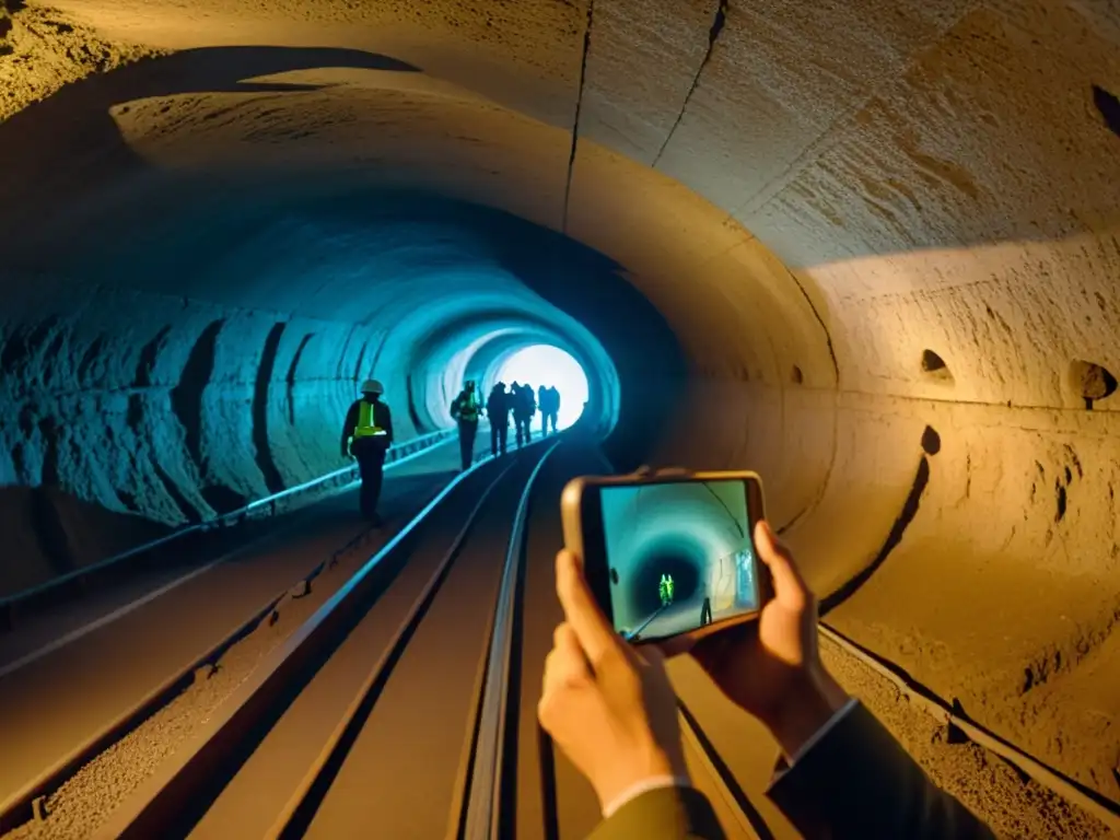 Historiadores usando RA para explorar túnel histórico, destacando detalles intrincados y atmósfera misteriosa