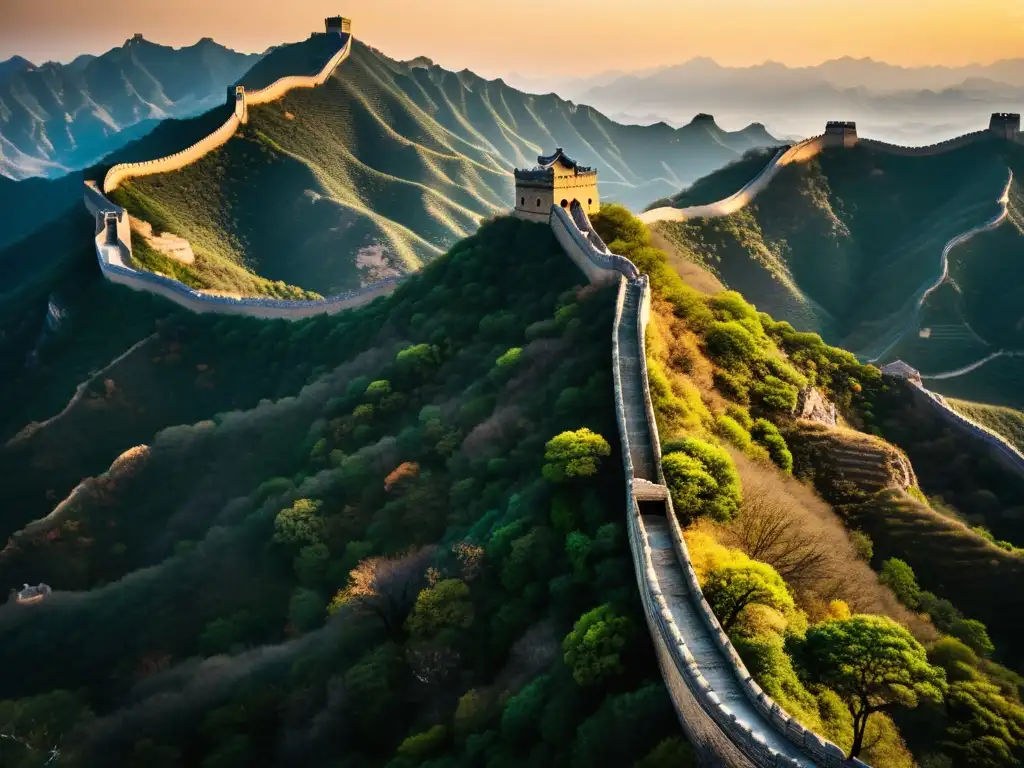 Exploración histórica en túneles de la Gran Muralla China al atardecer, con una vista aérea impresionante