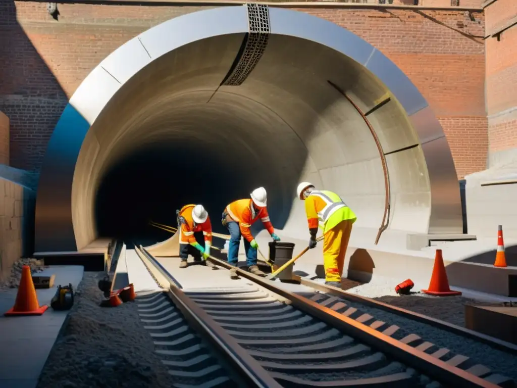 Renovación de túnel histórico con accesibilidad, trabajadores instalando rampas y barandas, preservando la arquitectura original