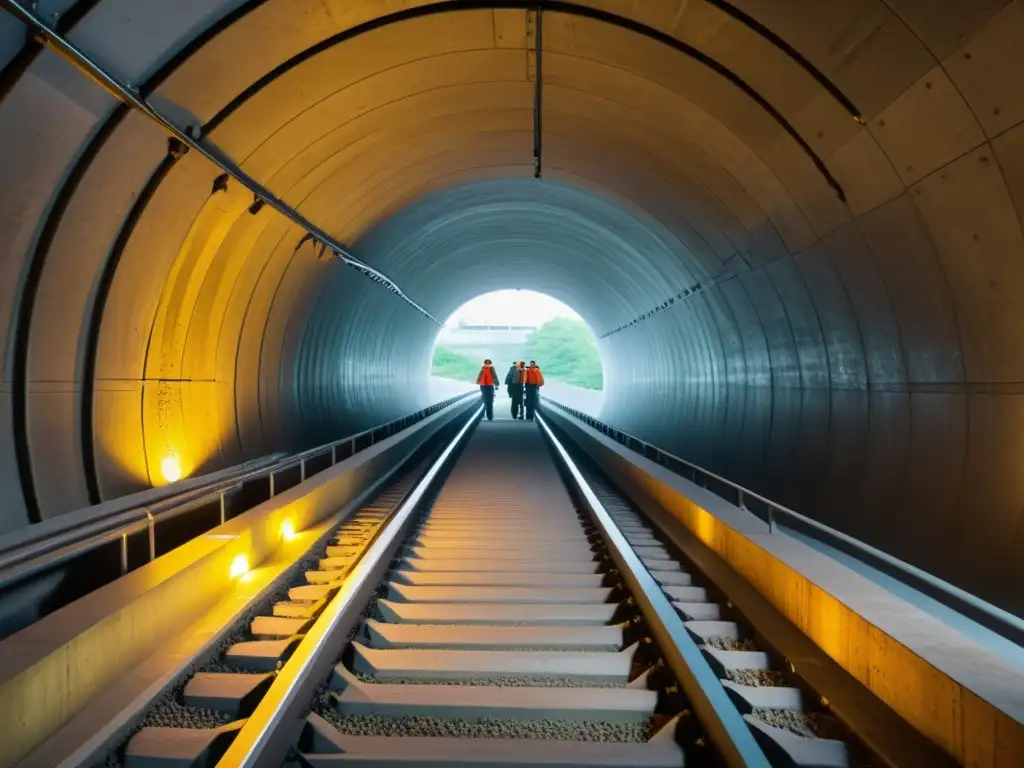 Transformación de túnel histórico en espacio accesible con trabajadores instalando rampas y pasamanos, preservando la belleza arquitectónica