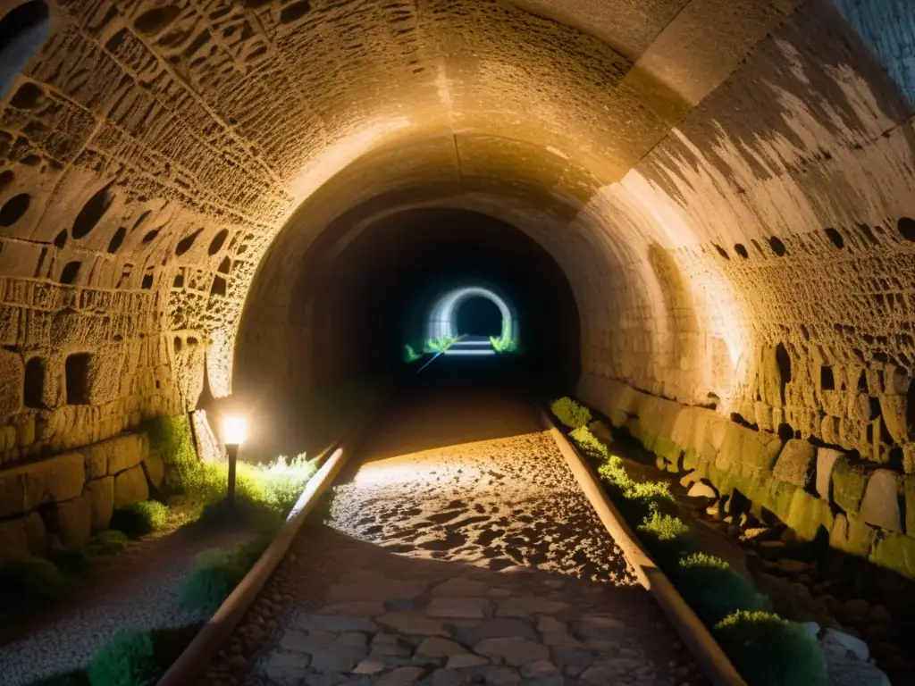 Fotografía de túnel histórico iluminado por antorchas, con intrincados grabados en las húmedas paredes de piedra