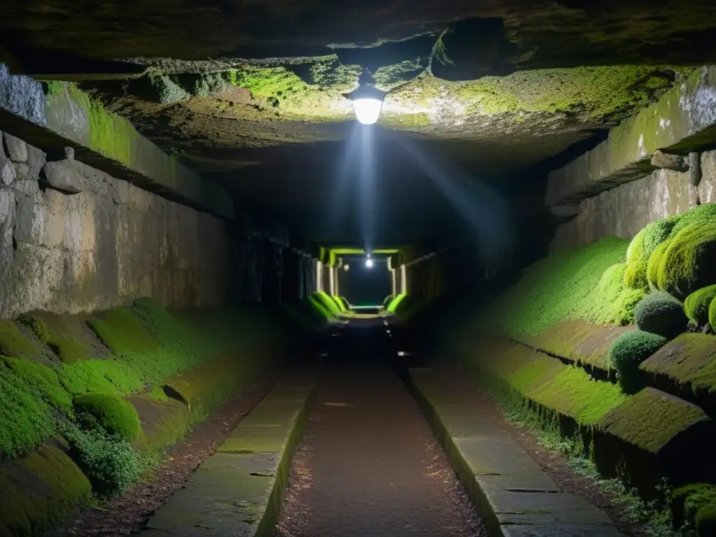 Exploración en túnel histórico iluminado por linterna, con señalización y atmósfera misteriosa