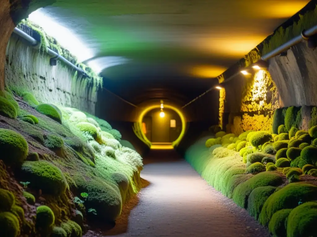 Exploración subterránea: túnel histórico iluminado por luz cálida, revelando misteriosas composiciones fotográficas