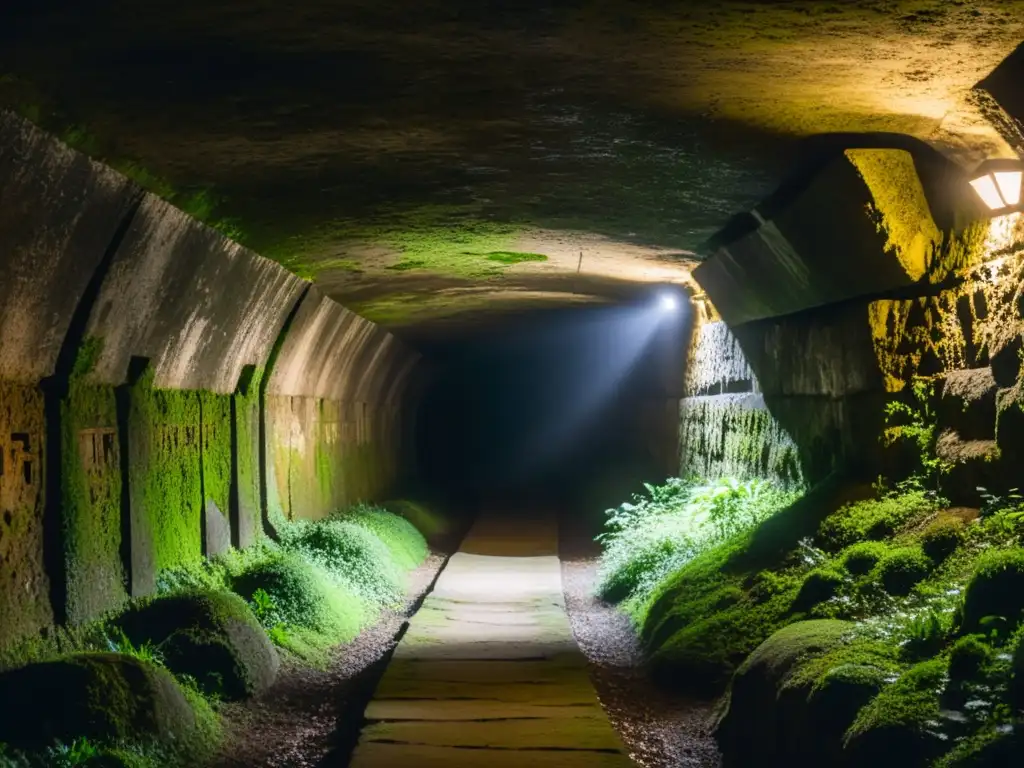 Exploración en túnel histórico: misterio y señalización en la penumbra húmeda