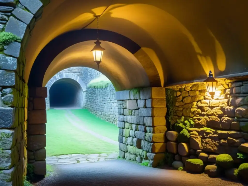 Exploración y conservación en túnel histórico con piedra desgastada, musgo y visitantes con linternas