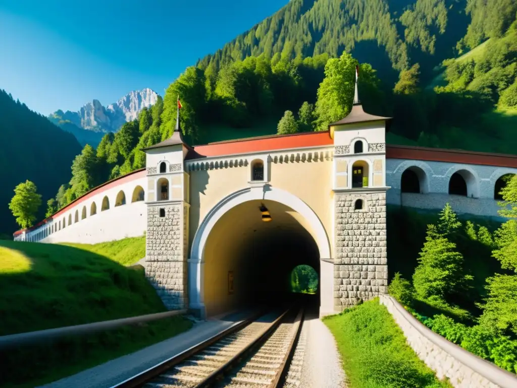 El icónico túnel histórico de la histórica Semmering Railway Tunnel en Austria, rodeado de exuberante vegetación y majestuosas montañas