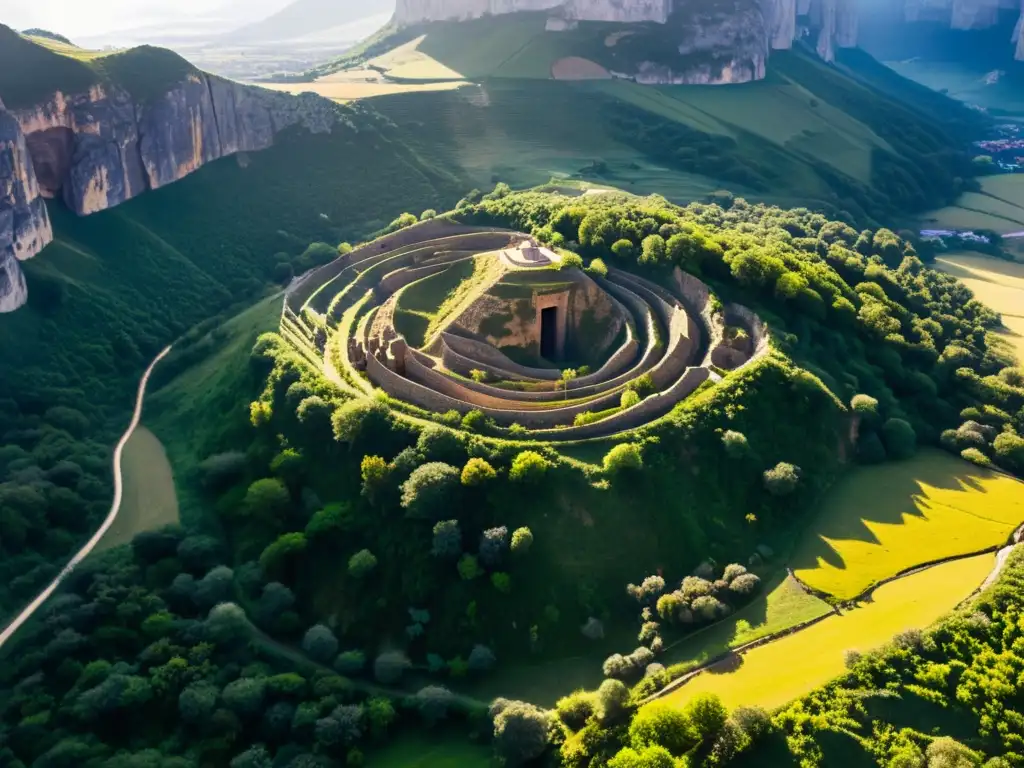 Imagen aérea de antiguos túneles subterráneos en un paisaje montañoso, revelando la transferencia de técnicas de tunelización entre culturas