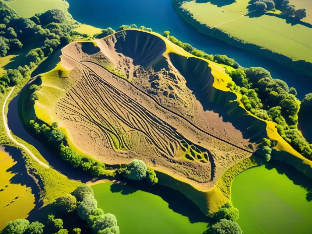Descubre secretos arqueológicos ocultos con tecnología LiDAR Imagen aérea detallada de un sitio arqueológico antiguo revelando estructuras enterradas y senderos gracias a la tecnología LiDAR subterráneo